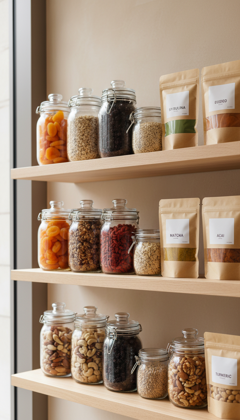 A meticulously arranged display of assorted natural health food products, including vibrant dried fruits, raw nuts, whole grains, and colorful superfood powders, each housed in elegant glass jars and recyclable kraft paper packaging with minimalistic labeling. The products are neatly positioned on sleek light wood shelving against a soft, neutral-toned wall, conveying a sense of order and purity. Soft, diffused natural light from a nearby window illuminates the scene, creating gentle highlights on the glass surfaces and subtle shadows on the background. The atmosphere is clean, inviting, and utterly wholesome, with a focus on photographic realism and modern minimalist style. The composition is balanced using the rule of thirds from a slightly elevated perspective, keeping all items in crisp focus to emphasize quality and diversity.
